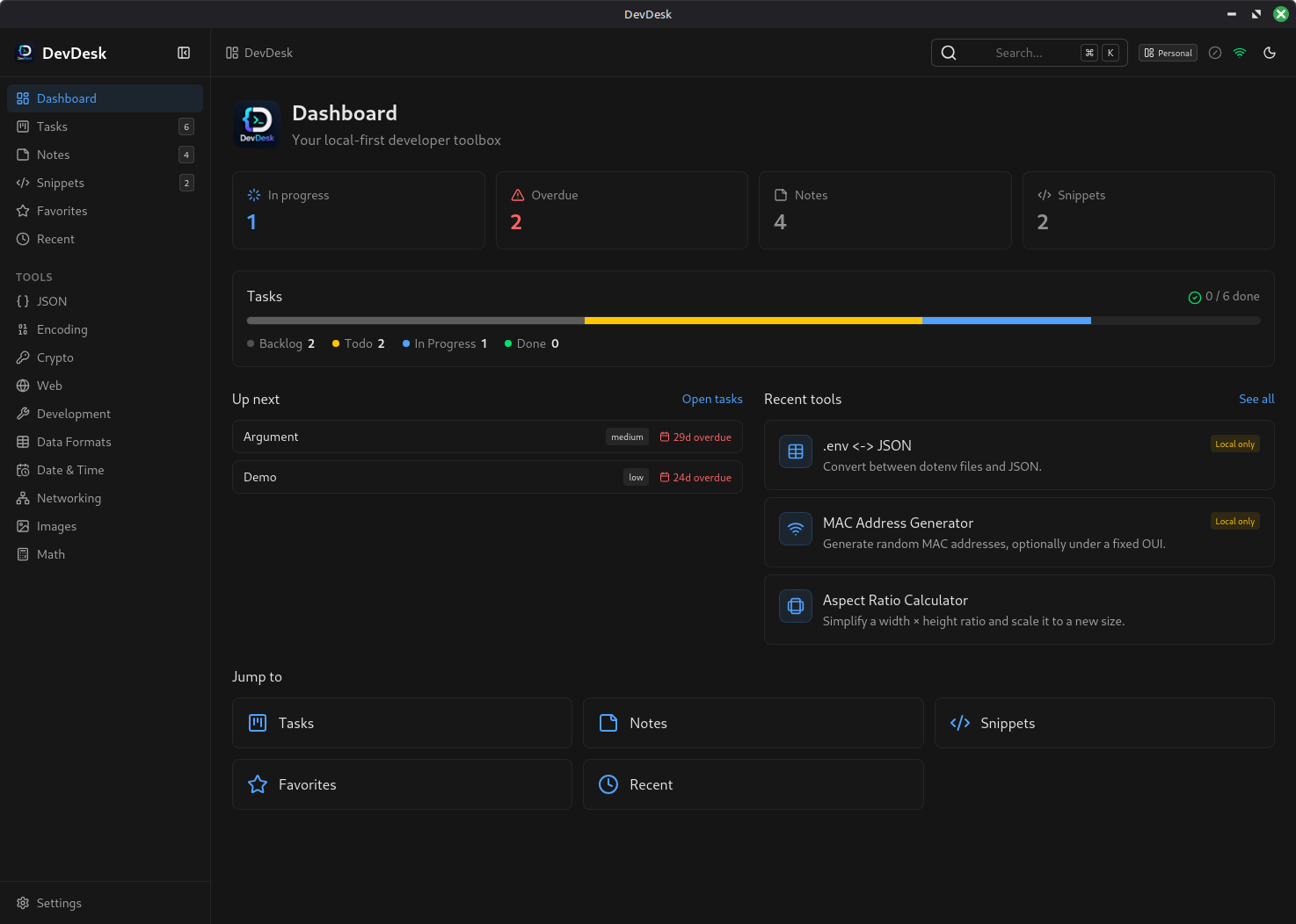 DevDesk dashboard showing tasks, notes, snippets and recent tools