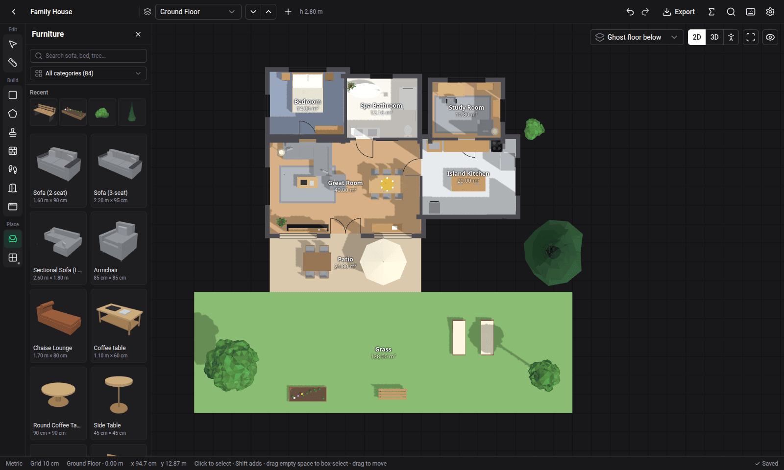 The furniture catalog panel beside the plan