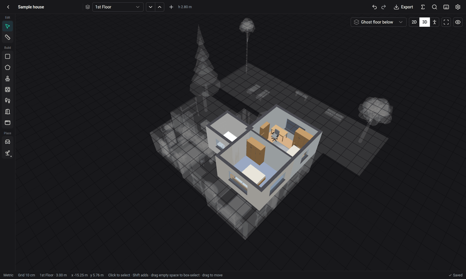 Bedrooms on the first floor, with the ground floor ghosted below