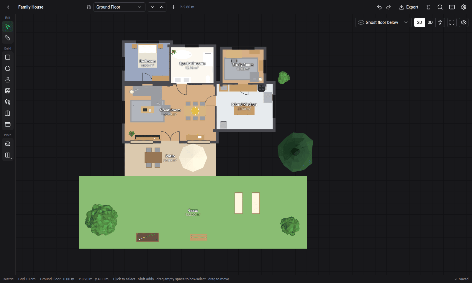 2D floor plan with furnished rooms and a garden