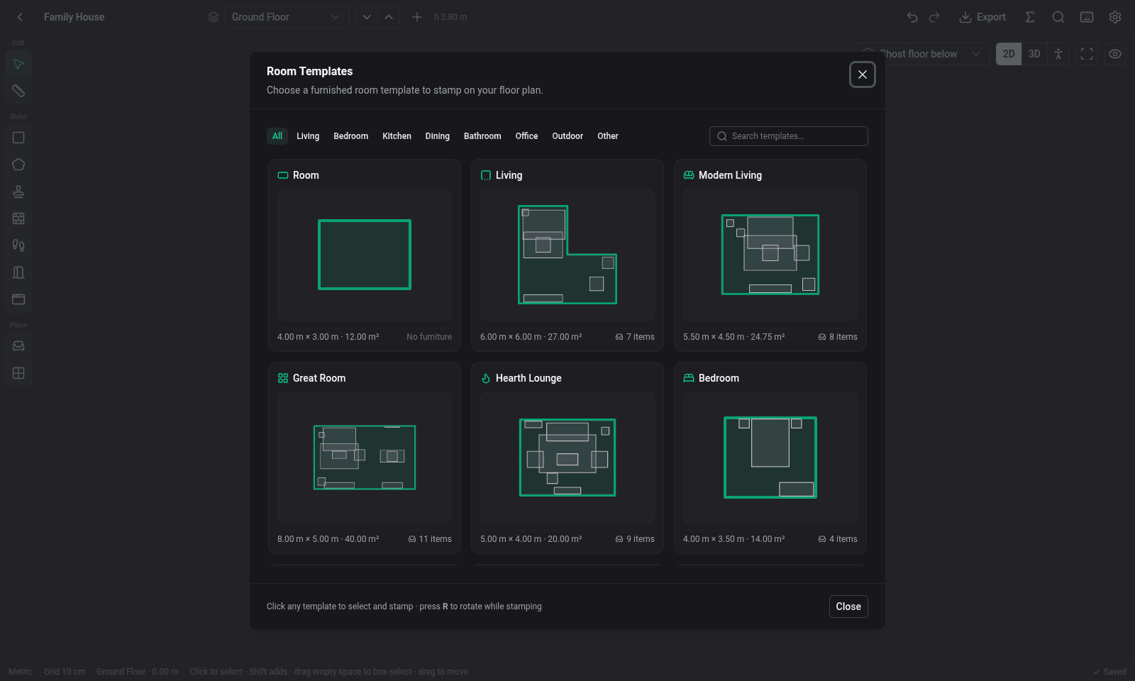 The room templates dialog