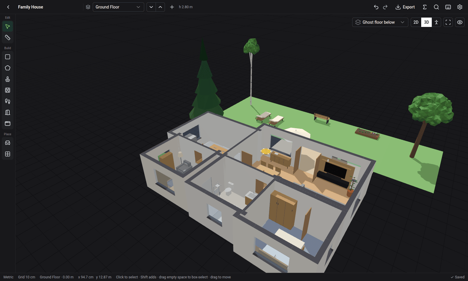 A furnished single-storey house with a patio and garden, in Smart Floor's 3D view